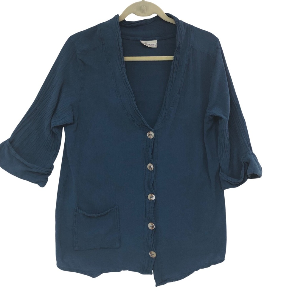 Cottonways 1 Gauze Tunic Top Lagenlook Coastal Boho Button Up Teal Women S/M